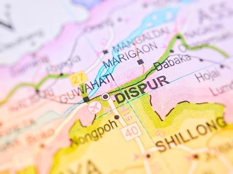 Dispur on a map of India with blur effect. Stock Photos