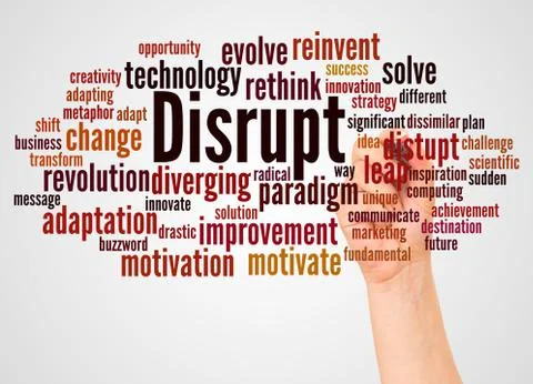 Disrupt word cloud and hand with marker concept Stock Photos