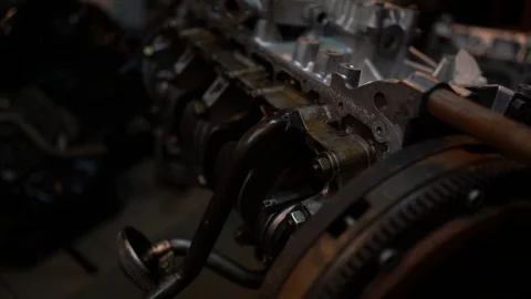 Dissassembled engine parts - bottom end with no oil pan installed Stock Footage 99256022
