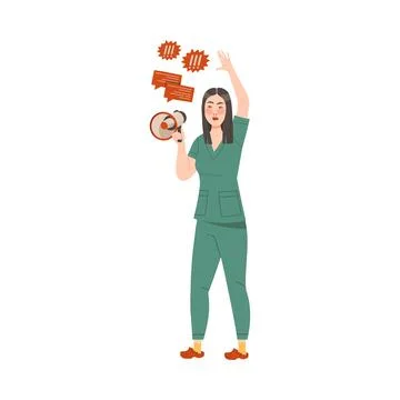 Dissatisfied Woman Medical Worker Protesting Holding Megaphone Defending Her Stock Illustration