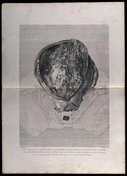Dissection of the pregnant uterus: initial view of the opened womb. Copperp.. Ilustración de archivo