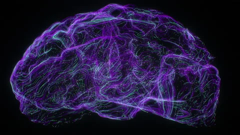 Dissipate big data particles zoom out rotation human brain glow green violet Stock Footage 194641996