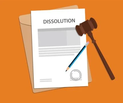 Dissolution text on stamped paperwork illustration with judge hammer and folder Illustration