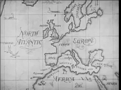 Dissolve from 17tth century map to ship sailing in night fog, 1940s Stock Footage 61766775