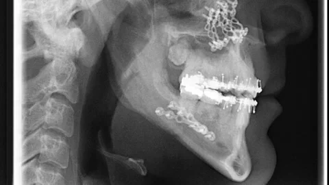 A dissolve effect ove a man's x-ray before and after surgery on his maxilla and  Stock Footage 234719471