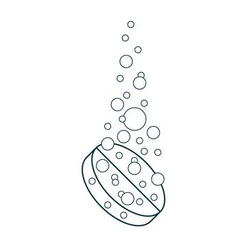 Dissolve effervescent tablet with bubbles, fizzy drug, line art. Dissolution  Stock Illustration