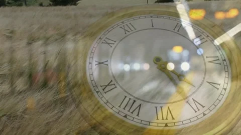 Dissolve starting, Roman dial clock rotating, gold hands turning, bokeh Stock Footage 328417057
