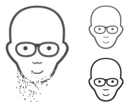 Dissolved Pixel Halftone Bald Head Icon with Face 스톡 일러스트