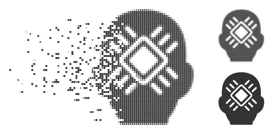 Dissolved Pixel Halftone Cyborg Head Icon Stock Illustration