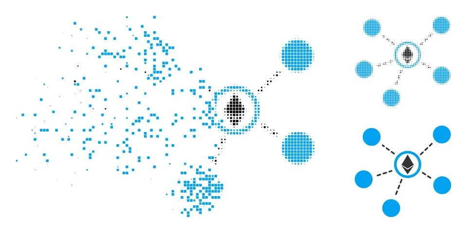 Dissolved Pixel Halftone Ethereum Network Links Icon Stock Illustration