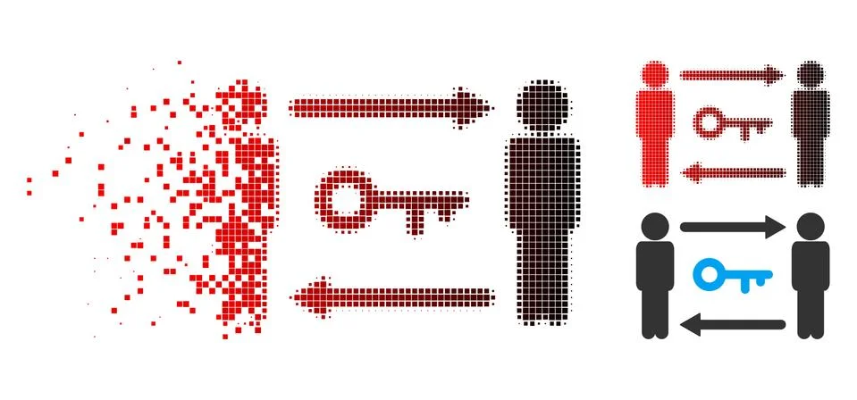 Dissolved Pixel Halftone Persons Key Exchange Icon Stock Illustration