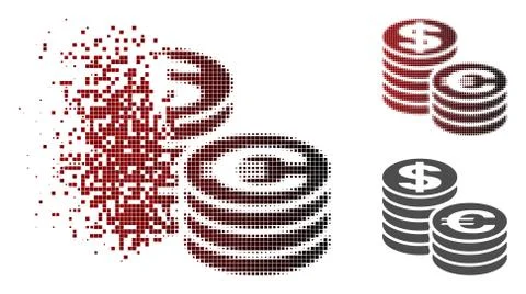 Dissolved Pixelated Halftone Euro And Dollar Coin Columns Icon Illustrazione stock