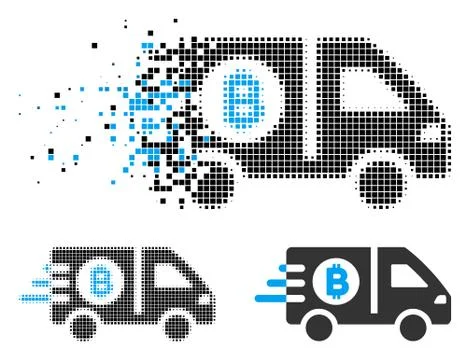 Dissolved Pixelated Halftone Fast Bitcoin Delivery Car Icon Stock Illustration