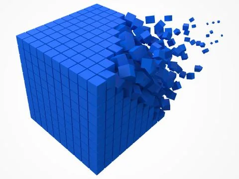 Dissolving data block. made with smaller blue cubes. 3d pixel style vector Stock-Illustration