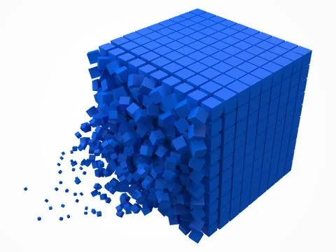 Dissolving data block. made with smaller blue cubes. 3d pixel style vector Illustrazione stock