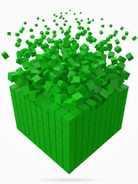 Dissolving data block. made with smaller green cubes. 3d pixel style vector Illustrazione stock