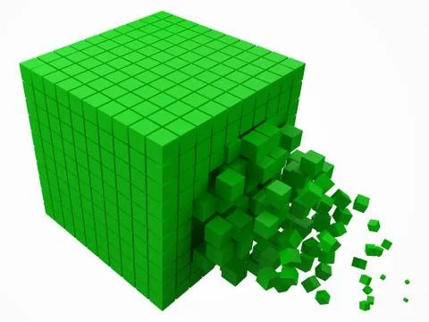 Dissolving data block. made with smaller green cubes. 3d pixel style vector Illustrazione stock