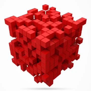 Dissolving data block. made with smaller red cubes. 3d pixel style vector Illustrazione stock