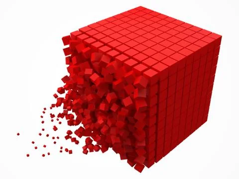 Dissolving data block. made with smaller red cubes. 3d pixel style vector Stock-Illustration