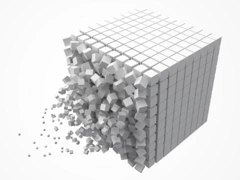 Dissolving data block. made with smaller white cubes. 3d pixel style vector Stock-Illustration