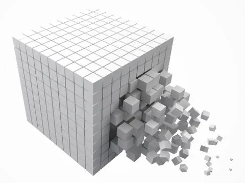 Dissolving data block. made with smaller white cubes. 3d pixel style vector Illustrazione stock