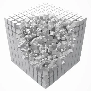 Dissolving data block. made with smaller white cubes. 3d pixel style vector Illustrazione stock