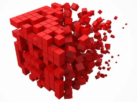 Dissolving data block. made with smaller red cubes. 3d pixel style vector Illustrazione stock
