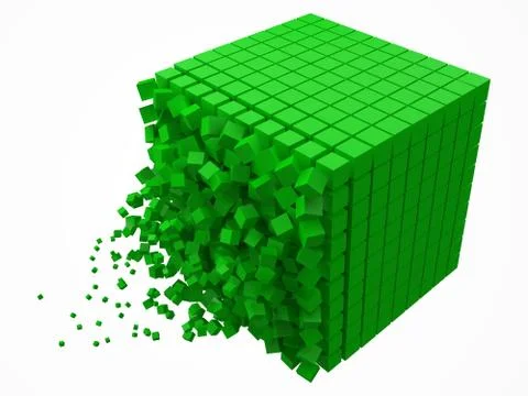 Dissolving data block. made with smaller green cubes. 3d pixel style vector Illustrazione stock