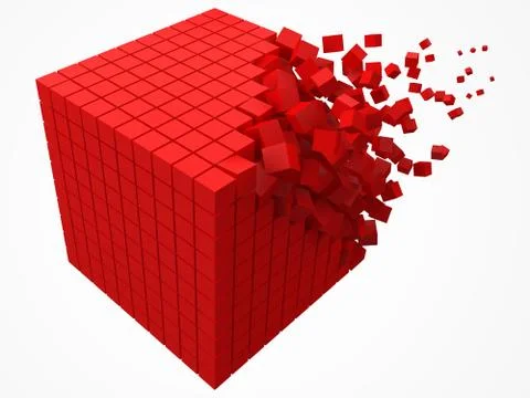 Dissolving data block. made with smaller red cubes. 3d pixel style vector Illustrazione stock