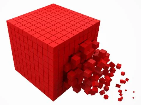 Dissolving data block. made with smaller red cubes. 3d pixel style vector Stock-Illustration