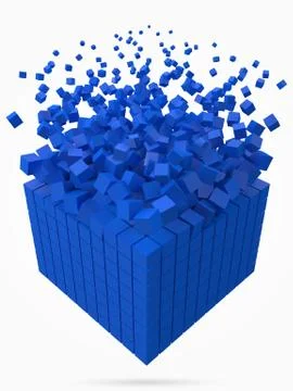 Dissolving data block. made with smaller blue cubes. 3d pixel style vector Stock-Illustration