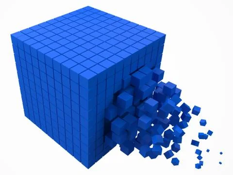 Dissolving data block. made with smaller blue cubes. 3d pixel style vector Illustrazione stock