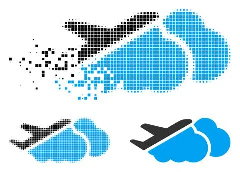Dissolving Dot Halftone Airplane Over Clouds Icon 스톡 일러스트