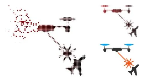 Dissolving Dot Halftone Laser Drone Attacks Airplane Icon Stock Illustration