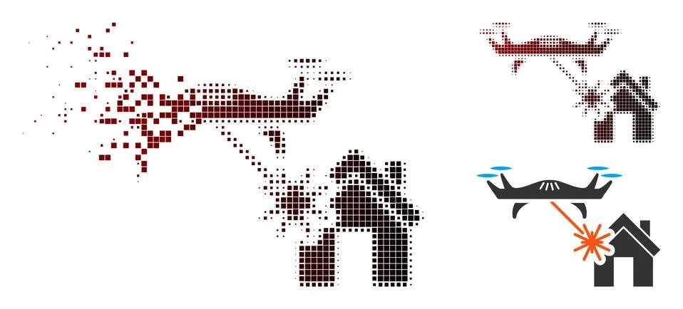 Dissolving Dotted Halftone Laser Drone Attacks House Icon Stock Illustration