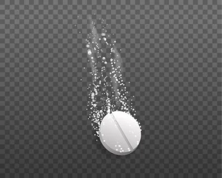 Dissolving effervescent tablet. White pill disintegrates into parts in water Stock Illustration