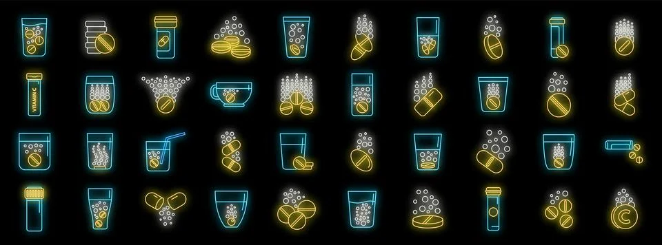 Dissolving effervescent tablets and pills in water, neon icons set Illustrazione stock