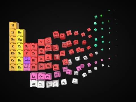 Dissolving periodic table on black background. cubes colored by element groups Stock Illustration