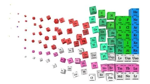Dissolving periodic table concept. cubes colored by element groups. 3d Stock Illustration