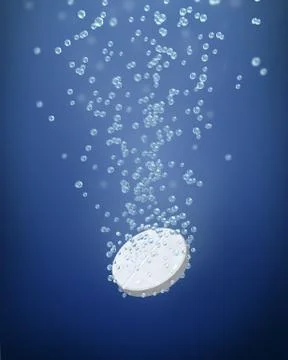 Dissolving pill with bubbles on blue background Stock Illustration