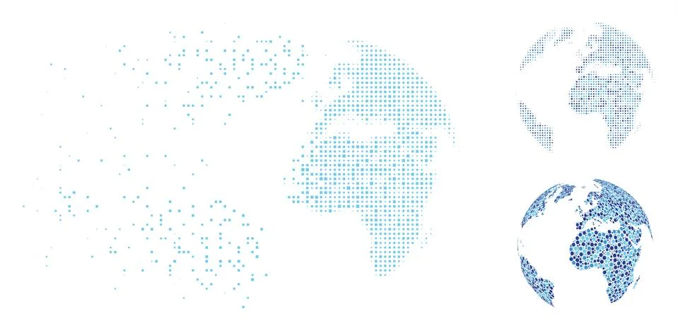 Dissolving Pixel Halftone Blue Dotted Abstract Globe Icon Illustrazione stock