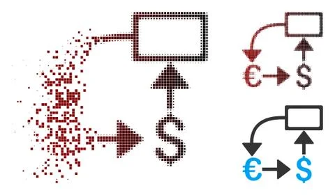 Dissolving Pixel Halftone Euro Dollar Flow Chart Icon Stock Illustration