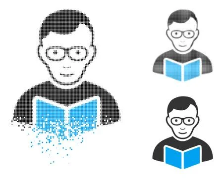 Dissolving Pixel Halftone Reader Student Icon with Face Illustrazione stock