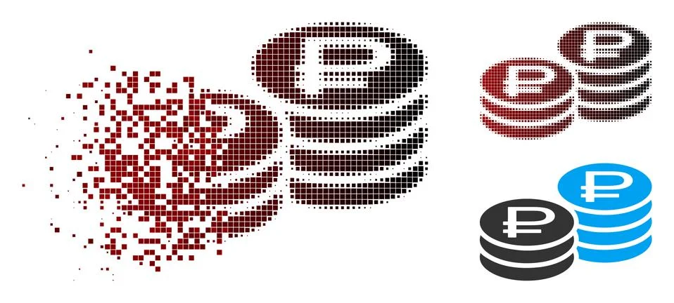 Dissolving Pixel Halftone Rouble Coin Stacks Icon Stock Illustration