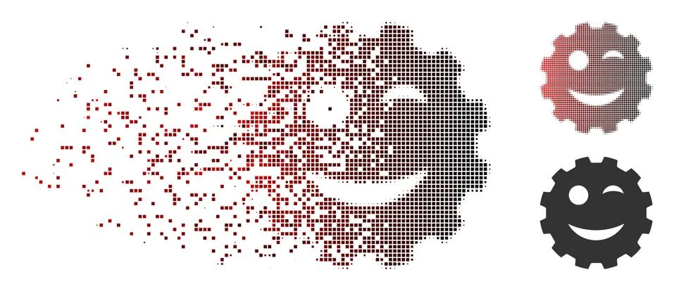 Dissolving Pixel Halftone Wink Smiley Gear Icon Ilustración de archivo