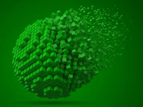 Dissolving spherical data block. made with green cubes. 3d pixel style vector Stockillustratie