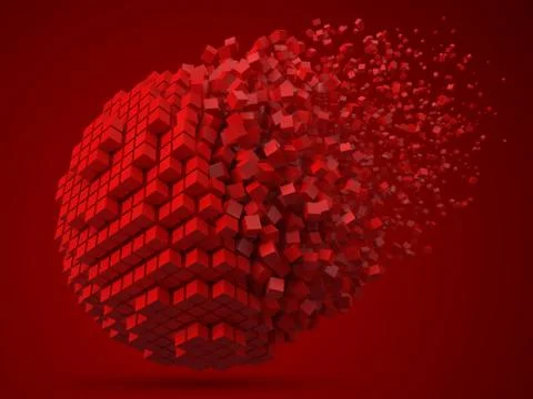 Dissolving spherical data block. made with red cubes. 3d pixel style vector Stock Illustration