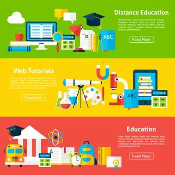 Distance Education and Web Tutorials Flat Horizontal Banners Stock Illustration