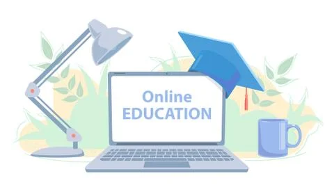 Distance education concept. E-learning banner with copy space. Online study flat Stock Illustration
