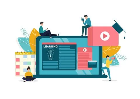 Distance education. Flat vector illustration of people studying around tablet Stock Illustration